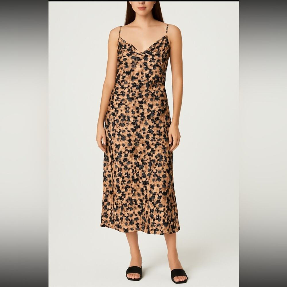 Nicole Miller New York Satin Cowl Neck Slip Dress XL Abstract Tan Brown Neutral